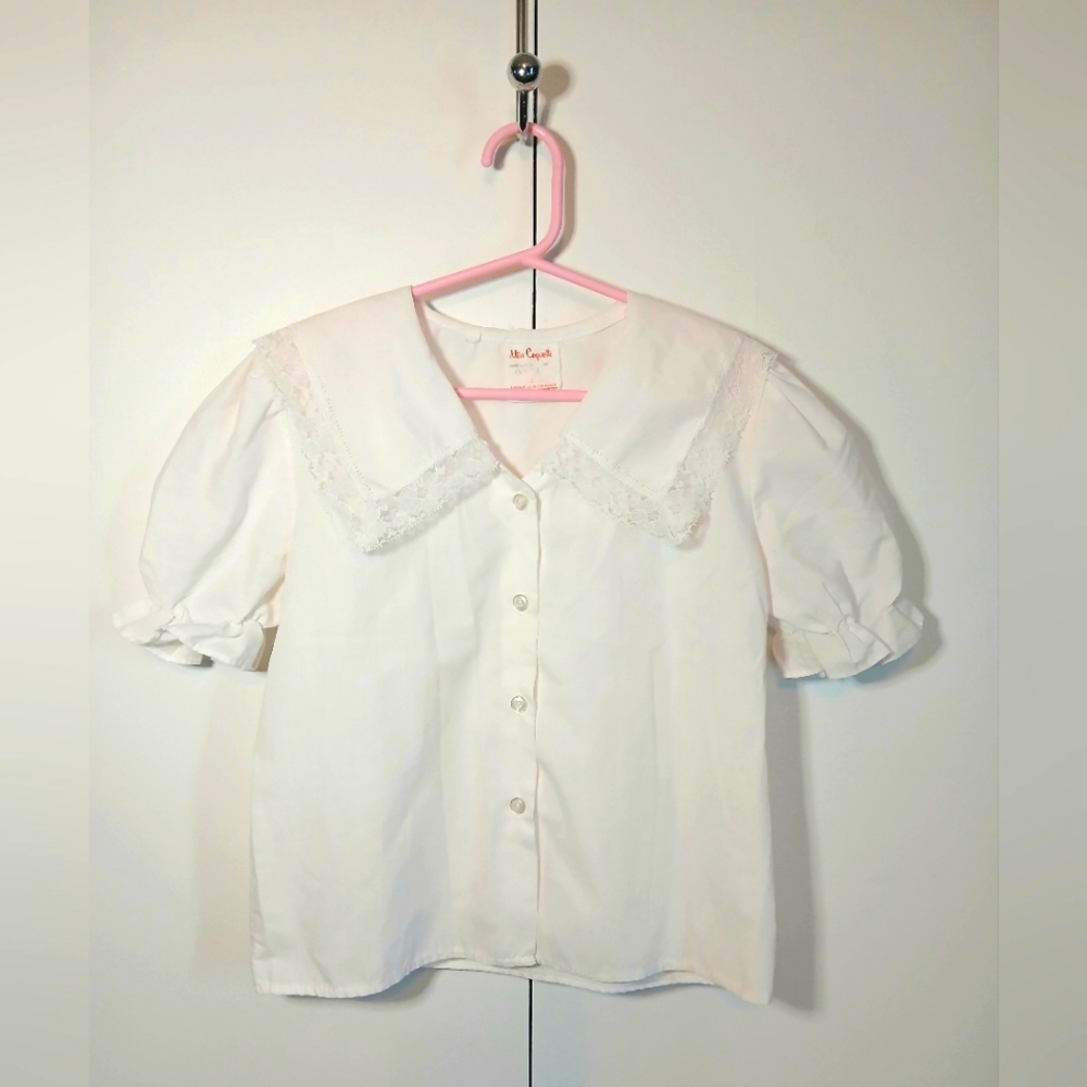 Vintage Miss Coquette Girls Blouse Size S Sailor Collar Lace Trim Puff Sleeves